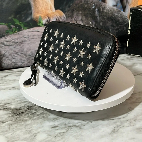 30. JIMMY CHOO Black Leather Zip Wallet With Chrome Star Studs. Missing charm. - Picture 2 of 14